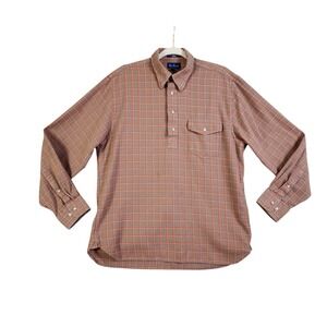 Paul Fredrick Mens Plaid Long Sleeve Pullover Shirt Medium Brown Elbow Patches